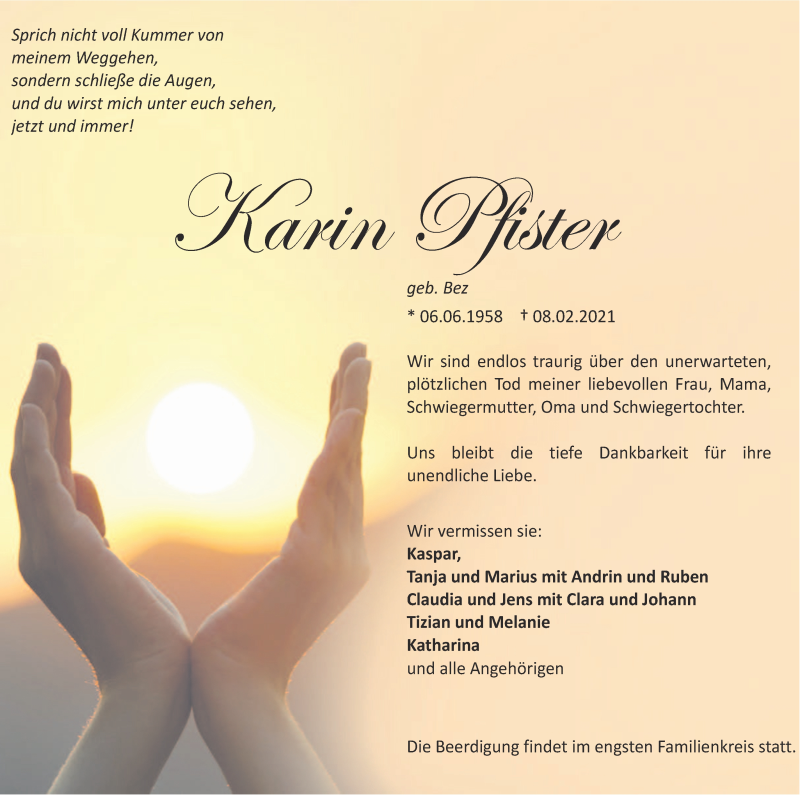  Traueranzeige für Karin Pfister vom 13.02.2021 aus Metzinger-Uracher Volksblatt