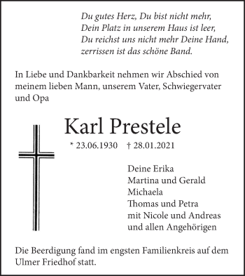 Traueranzeige von Karl Prestele von SÜDWEST PRESSE Ausgabe Ulm/Neu-Ulm