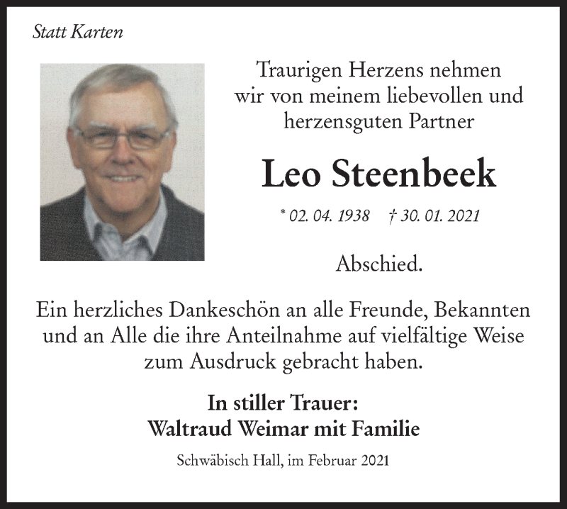  Traueranzeige für Leo Steenbeek vom 13.02.2021 aus Haller Tagblatt
