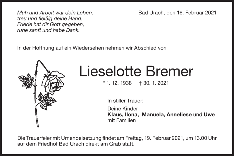  Traueranzeige für Lieselotte Bremer vom 16.02.2021 aus Metzinger-Uracher Volksblatt