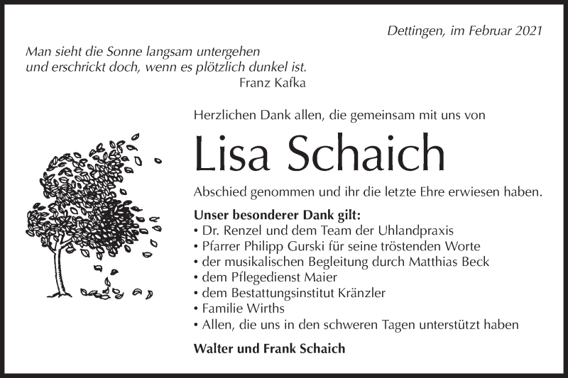  Traueranzeige für Lisa Schaich vom 20.02.2021 aus Metzinger-Uracher Volksblatt