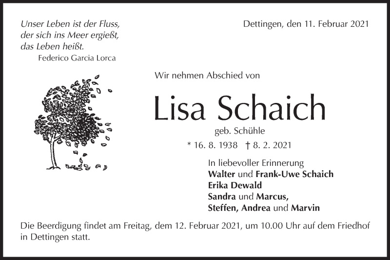  Traueranzeige für Lisa Schaich vom 11.02.2021 aus Metzinger-Uracher Volksblatt
