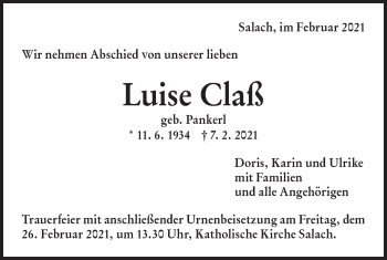 Traueranzeige von Luise Claß von NWZ Neue Württembergische Zeitung