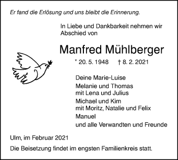 Traueranzeige von Manfred Mühlberger von SÜDWEST PRESSE Ausgabe Ulm/Neu-Ulm