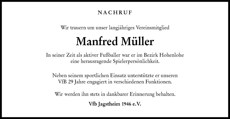  Traueranzeige für Manfred Müller vom 04.02.2021 aus Hohenloher Tagblatt