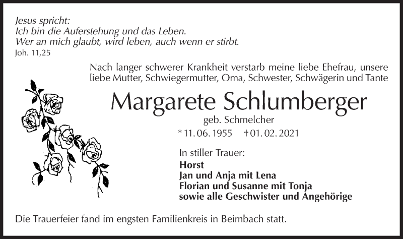  Traueranzeige für Margarete Schlumberger vom 06.02.2021 aus Hohenloher Tagblatt