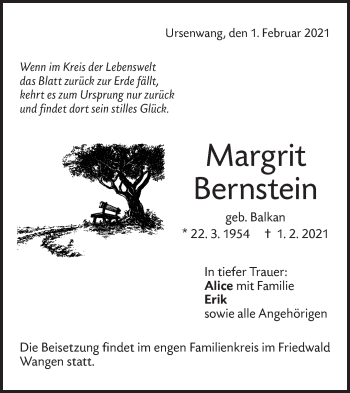 Traueranzeige von Margrit Bernstein von NWZ Neue Württembergische Zeitung