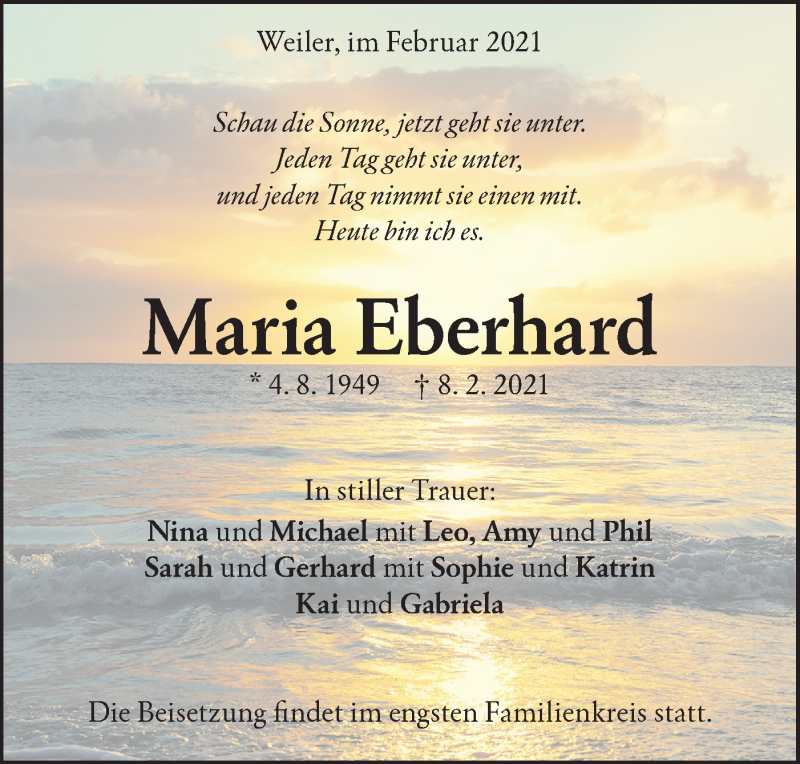  Traueranzeige für Maria Eberhard vom 13.02.2021 aus Geislinger Zeitung