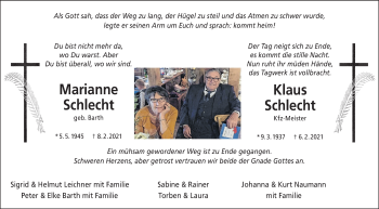 Traueranzeige von Marianne Schlecht von Hohenloher Tagblatt