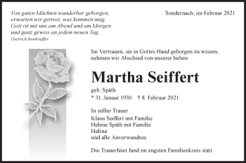 Traueranzeige von Martha Seiffert von Metzinger-Uracher Volksblatt