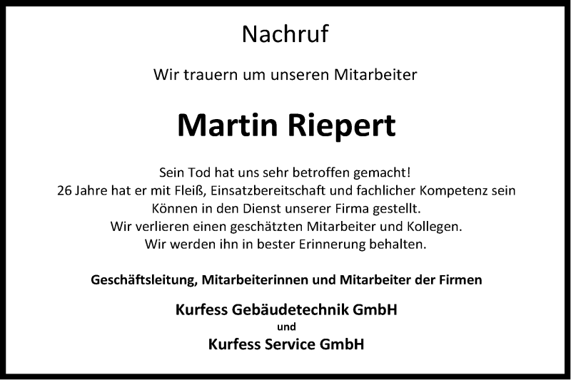  Traueranzeige für Martin Riepert vom 17.02.2021 aus NWZ Neue Württembergische Zeitung/Geislinger Zeitung