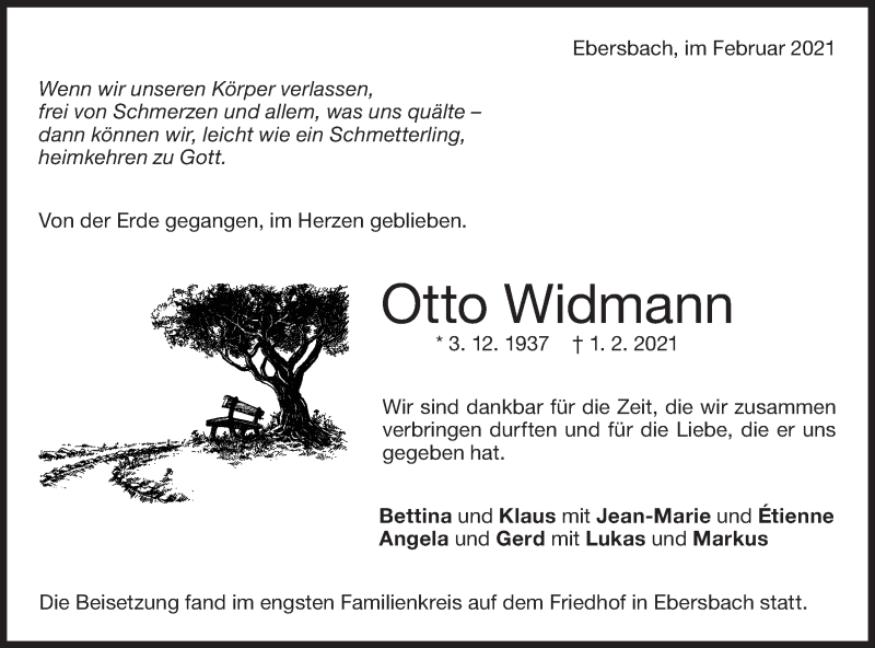  Traueranzeige für Otto Widmann vom 08.02.2021 aus NWZ Neue Württembergische Zeitung