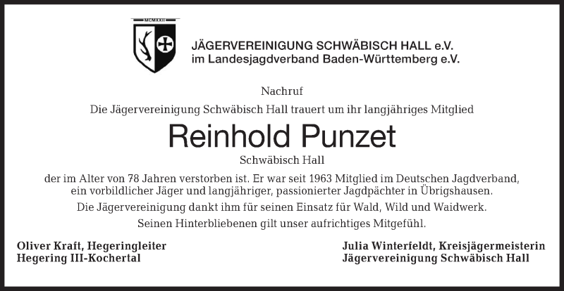  Traueranzeige für Reinhold Punzet vom 02.02.2021 aus Haller Tagblatt