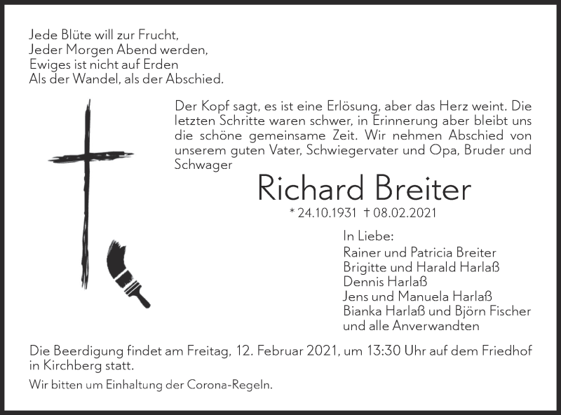  Traueranzeige für Richard Breiter vom 11.02.2021 aus Hohenloher Tagblatt