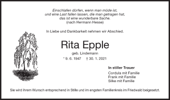 Traueranzeige von Rita Epple von Metzinger-Uracher Volksblatt