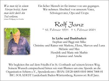 Traueranzeige von Rolf Janz von NWZ Neue Württembergische Zeitung