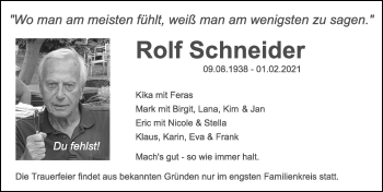 Traueranzeige von Rolf Schneider von SÜDWEST PRESSE Ausgabe Ulm/Neu-Ulm