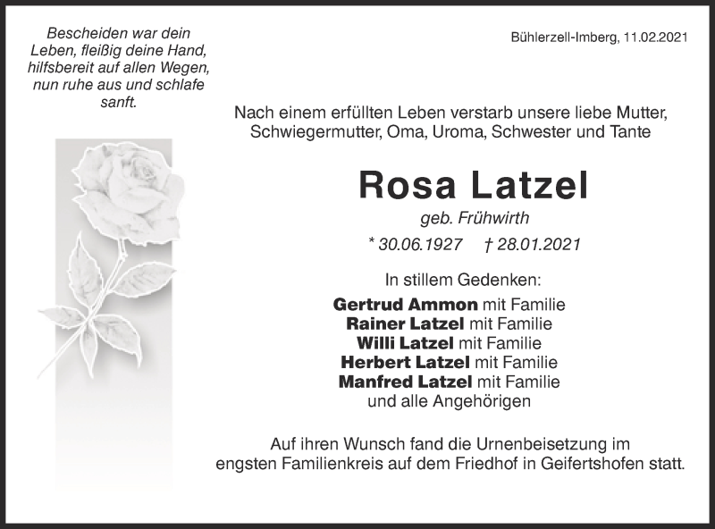  Traueranzeige für Rosa Latzel vom 11.02.2021 aus Haller Tagblatt