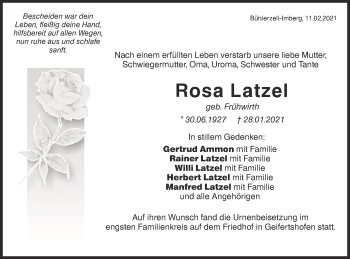 Traueranzeige von Rosa Latzel von Haller Tagblatt