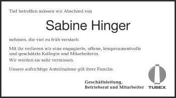 Traueranzeige von Sabine Hinger von Metzinger-Uracher Volksblatt