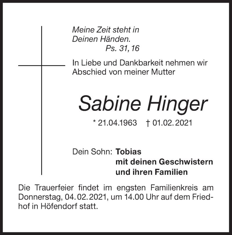  Traueranzeige für Sabine Hinger vom 04.02.2021 aus Metzinger-Uracher Volksblatt