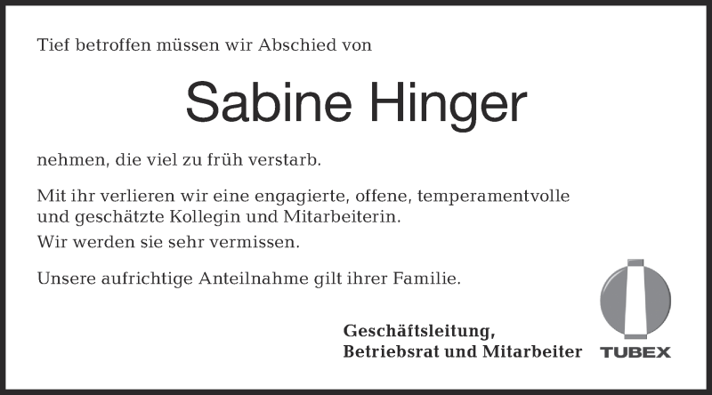  Traueranzeige für Sabine Hinger vom 06.02.2021 aus Metzinger-Uracher Volksblatt