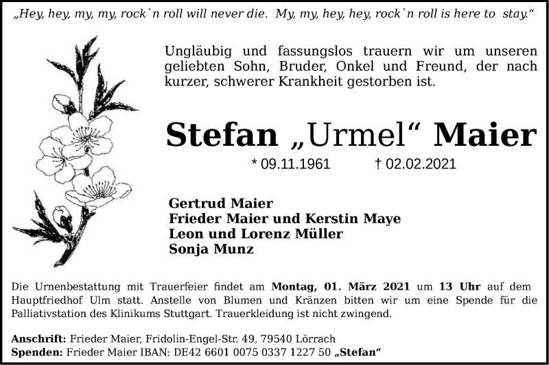 Traueranzeige für Stefan Maier vom 13.02.2021 aus SÜDWEST PRESSE Ausgabe Ulm/Neu-Ulm