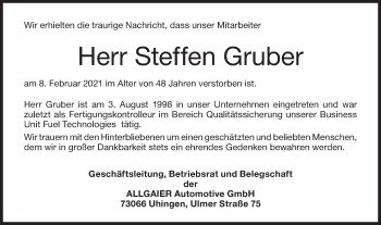 Traueranzeige von Steffen Gruber von NWZ Neue Württembergische Zeitung