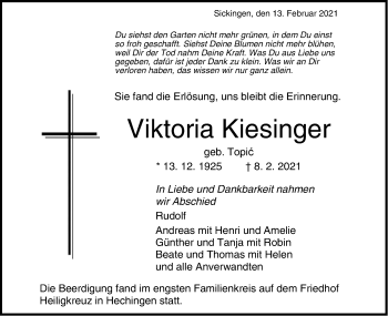 Traueranzeige von Viktoria Kiesinger von Metzinger-Uracher Volksblatt