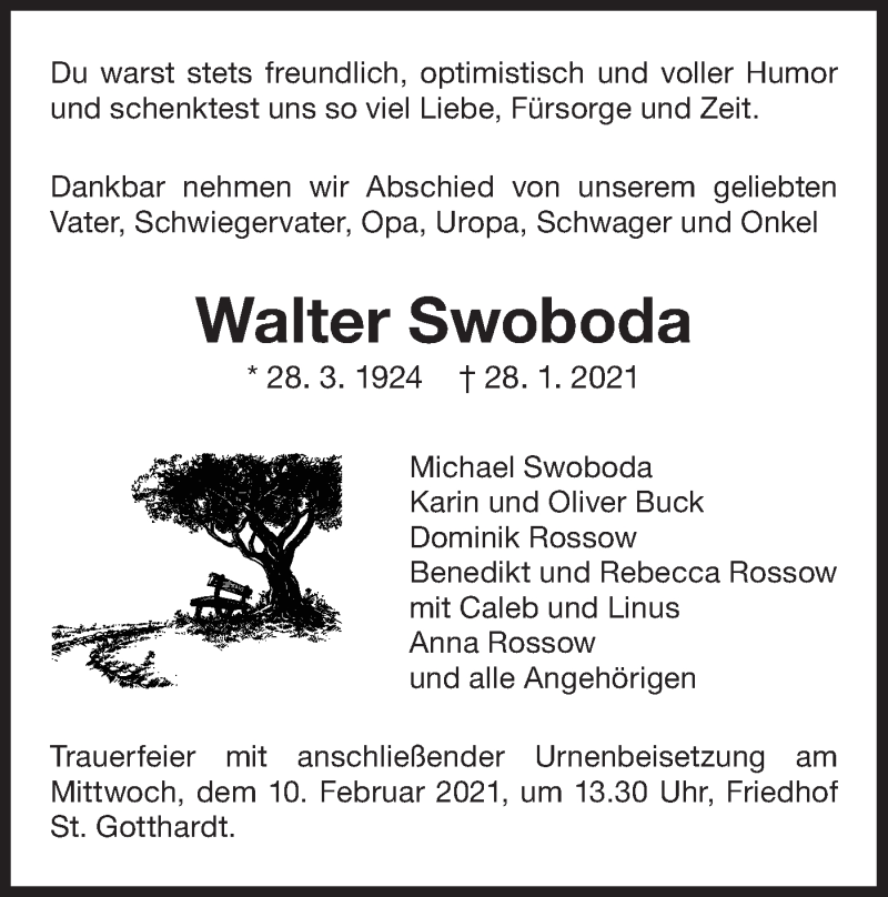  Traueranzeige für Walter Swoboda vom 06.02.2021 aus NWZ Neue Württembergische Zeitung