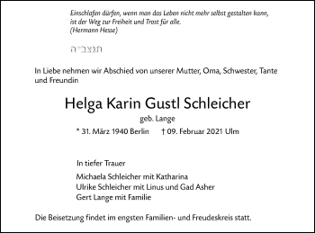 Traueranzeige von Helga Karin Gustl Schleicher von SÜDWEST PRESSE Ausgabe Ulm/Neu-Ulm
