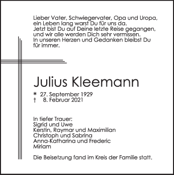 Traueranzeige von Julius Kleemann von SÜDWEST PRESSE Ausgabe Ulm/Neu-Ulm