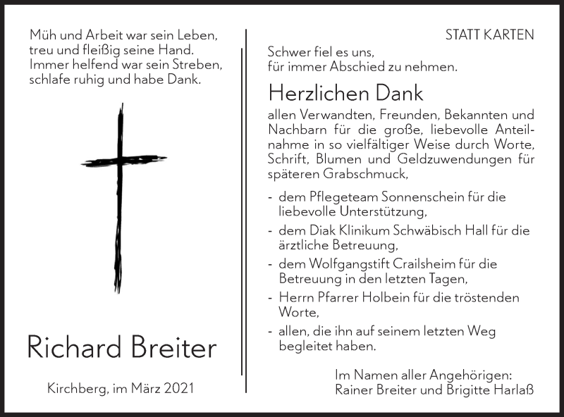  Traueranzeige für Richard Breiter vom 02.03.2021 aus Hohenloher Tagblatt