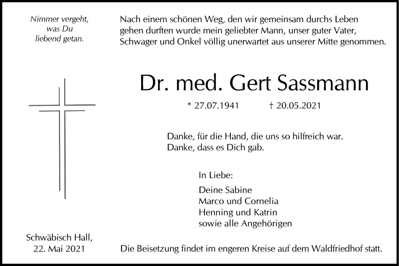  Traueranzeige für Gert Sassmann vom 22.05.2021 aus Haller Tagblatt