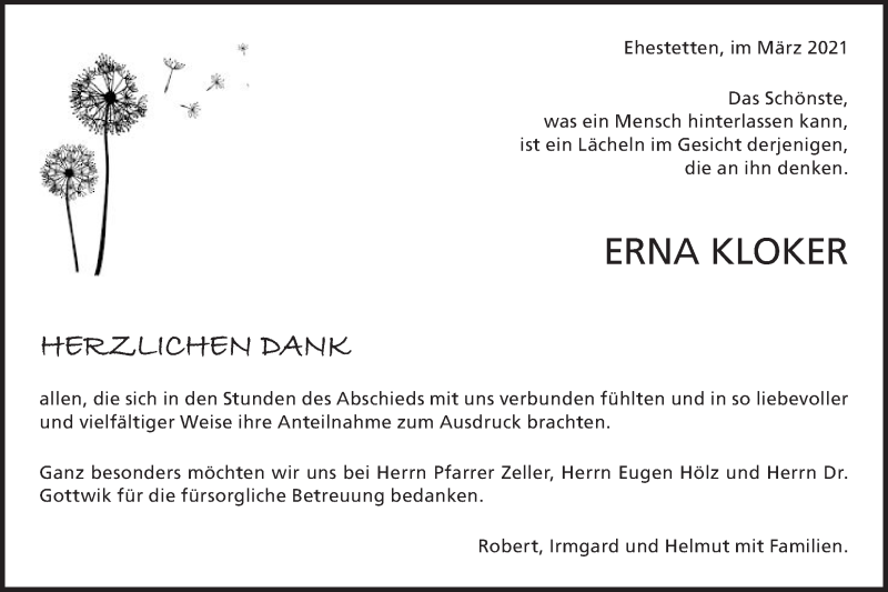  Traueranzeige für Erna Kloker vom 06.03.2021 aus Alb-Bote/Metzinger-Uracher Volksblatt