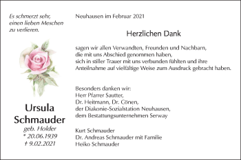 Traueranzeige von Ursula Schmauder von Metzinger-Uracher Volksblatt