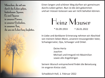 Traueranzeige von Heinz Mauser von Haller Tagblatt