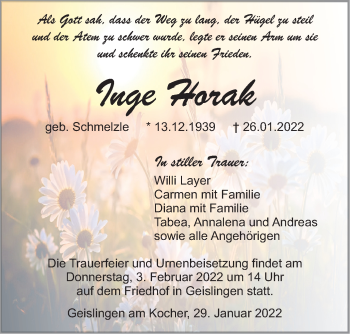 Traueranzeige von Inge Horak von Haller Tagblatt