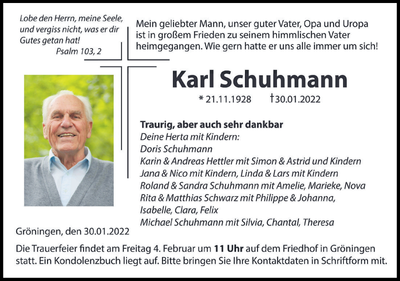  Traueranzeige für Karl Schuhmann vom 01.02.2022 aus Hohenloher Tagblatt