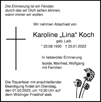 Traueranzeige von Karoline Koch von SÜDWEST PRESSE Ausgabe Ulm/Neu-Ulm
