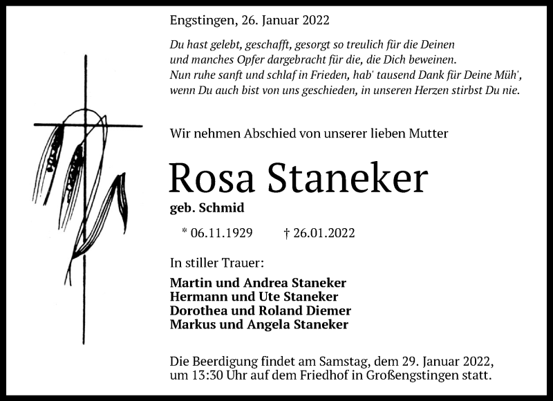  Traueranzeige für Rosa Staneker vom 28.01.2022 aus Alb-Bote/Metzinger-Uracher Volksblatt