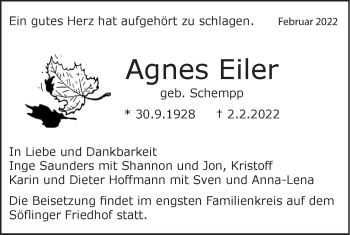 Traueranzeige von Agnes Eiler von SÜDWEST PRESSE Ausgabe Ulm/Neu-Ulm