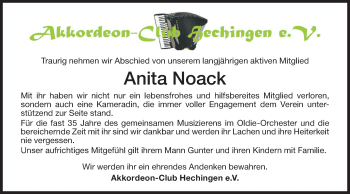 Traueranzeige von Anita Noack von Metzinger-Uracher Volksblatt