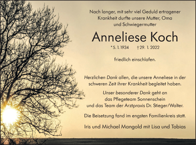  Traueranzeige für Anneliese Koch vom 26.02.2022 aus Hohenloher Tagblatt