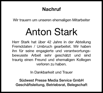 Traueranzeige von Anton Stark von SÜDWEST PRESSE Ausgabe Ulm/Neu-Ulm
