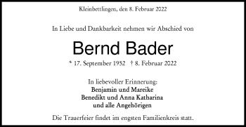 Traueranzeige von Bernd Bader von Metzinger-Uracher Volksblatt