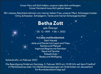 Traueranzeige von Betha Zott von Hohenloher Tagblatt