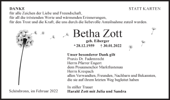 Traueranzeige von Betha Zott von Hohenloher Tagblatt
