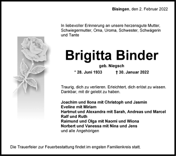 Traueranzeige von Brigitta Binder von Metzinger-Uracher Volksblatt