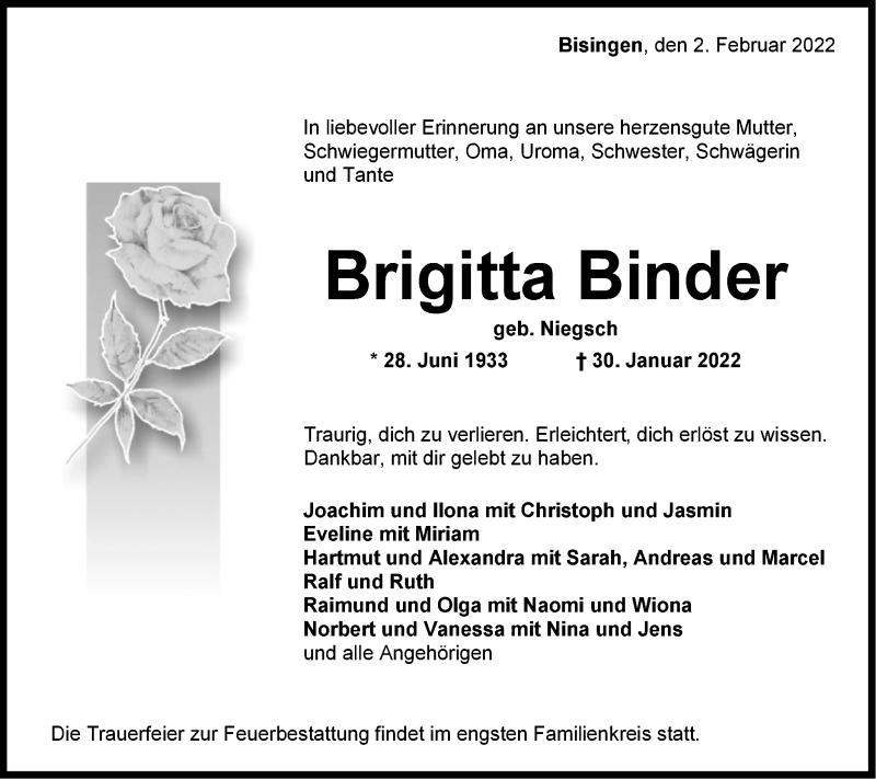  Traueranzeige für Brigitta Binder vom 02.02.2022 aus Metzinger-Uracher Volksblatt